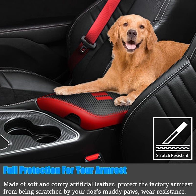 YOFAMO for Dodge Challenger 2015-2023 Car Armrest Cover Waterproof Center Console Pad Covers Scratch Resistance Box Cover Leather Protector Pad Decoration Accessories(Carbon Fiber + Red) - Image 3